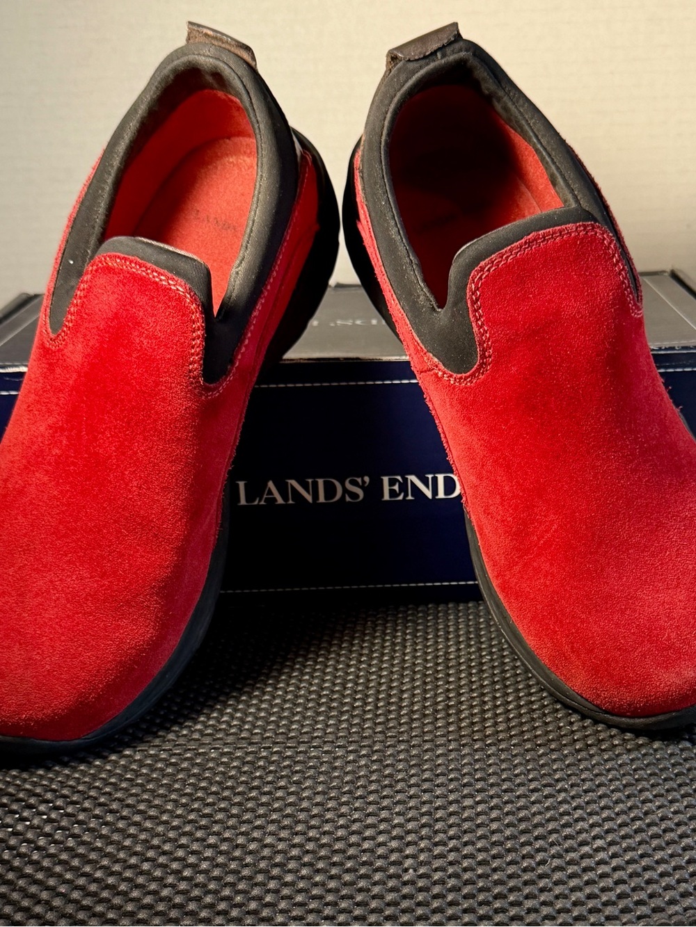 Lands' End Red Suede Slip-On Loafers with Black Trim